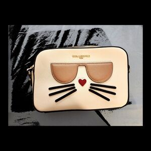 Karl Lagerfeld Cream Crossbody Bag with Cat Sunglass Appliqué